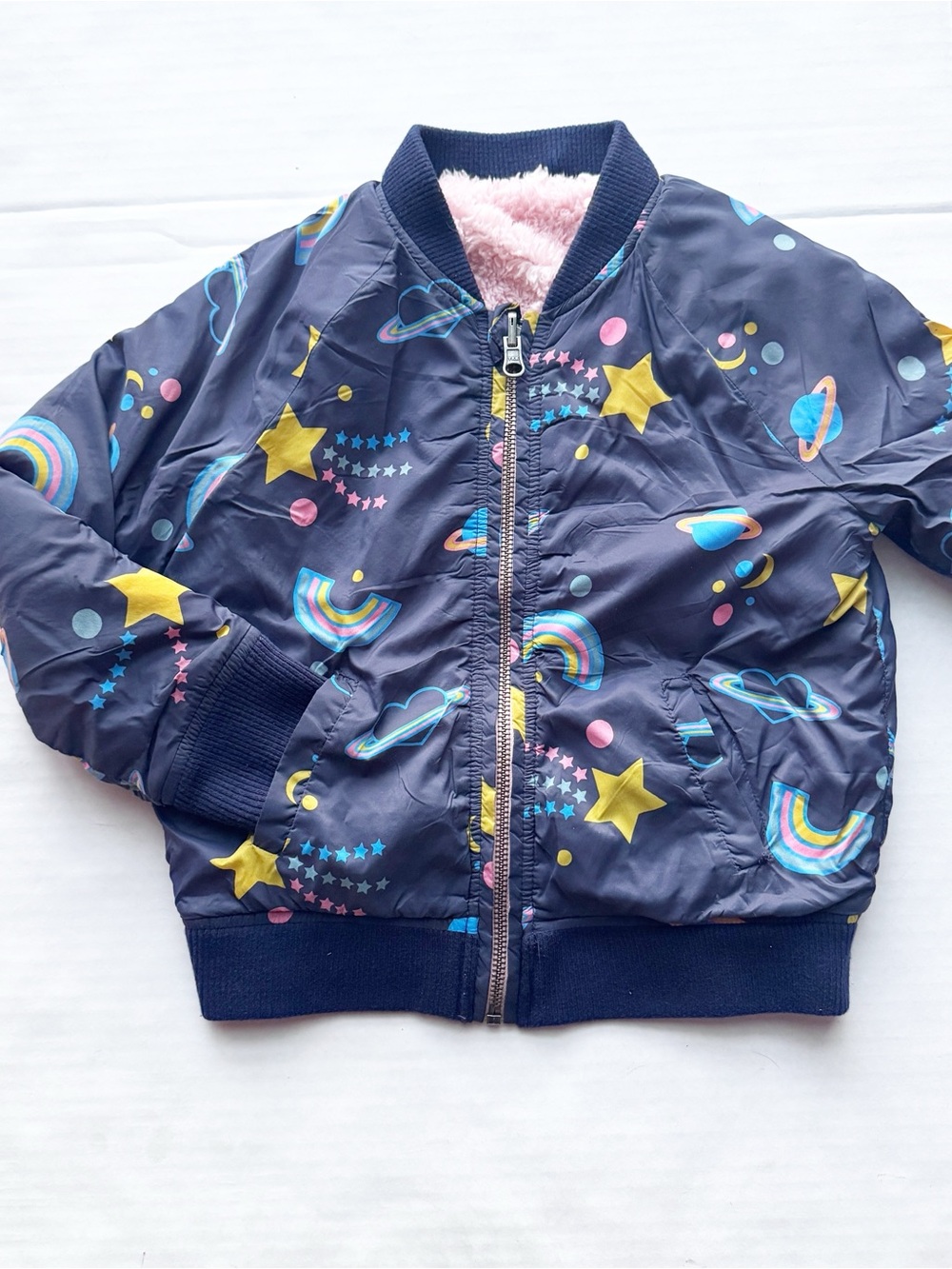 Tucker & Tate Girls Reversibke Stars / Planets
Bomber Jacket in Navy and Pink